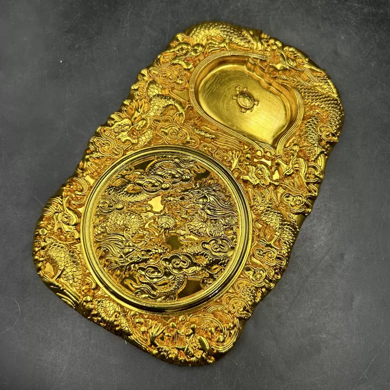 硯台  前髪戯金蟬硯台 文房四宝 銅器書道具  文房具  工芸品  置物 包邮古玩杂项砚台鎏金铜砚台龙凤砚台文房四宝书房用品装饰