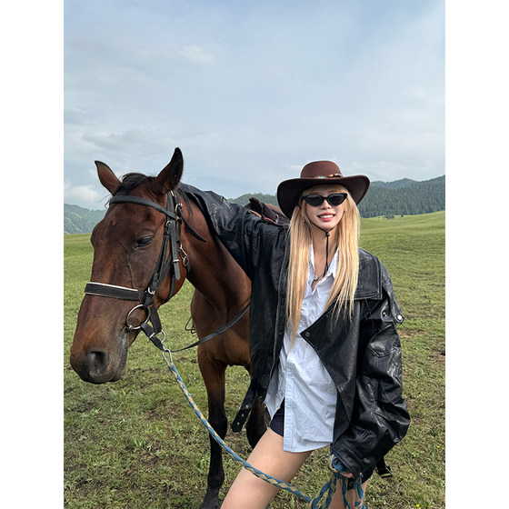 
NECOYEP American retro lapel leather jacket design sense men and women PU motorcycle jacket loose and handsome top