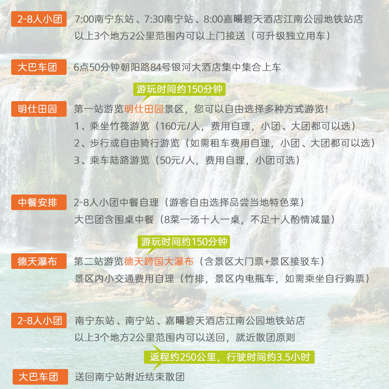 广西南宁崇左德天跨国大瀑布明仕田园纯玩一日旅游大巴团小团任选