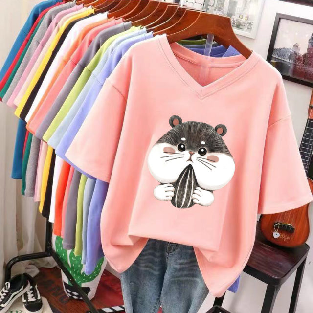2021 Summer new cartoon printed orange pink short -sleeved T -shirt female simplicity cotton V library vitrus base shirt