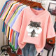 2021 Summer new cartoon printed orange pink short -sleeved T -shirt female simplicity cotton V library vitrus base shirt