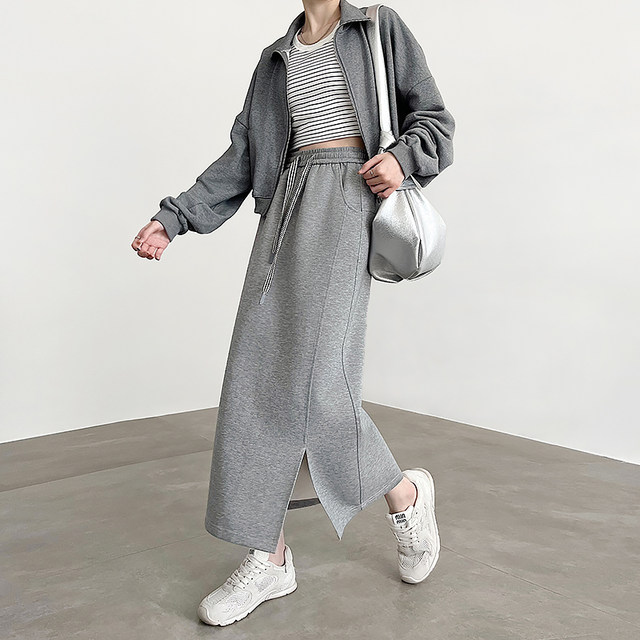 Gray skirt for women 2025 new spring and autumn high waist A-line hip midi skirt tensile straight slit sweat skirt