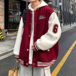 Burgundy American Hip-Hop Baseball Jacket for Men, Spring and Autumn, Roora Couple Outfit, Color-Blocked Bomber Jacket