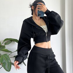 Rebellious Diary European and American Style Zip-Up Hooded Long-Sleeve Sweatshirt for Women, Elegant Waist-Cinching Slimming Sports Casual Short Jacket