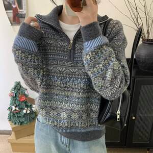 
Fair Island Korean gentle style contrasting color jacquard zipper turtleneck pullover sweater for women with high-end slim and fashionable top