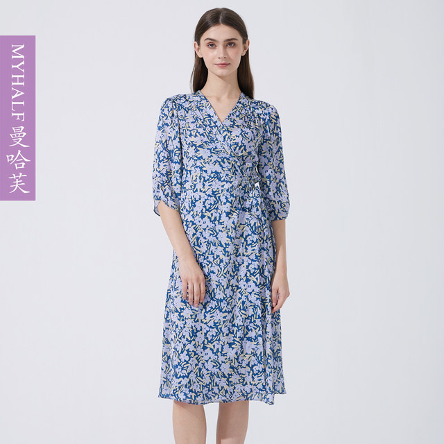 Manhaf brand women's 25-quarter sleeve printed dress V-neck waist-hugging temperament elegant mid-length skirt tea break skirt
