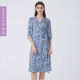 Manhaf brand women's 25-quarter sleeve printed dress V-neck waist-hugging temperament elegant mid-length skirt tea break skirt
