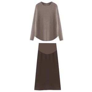 Maternity dress set, fashionable and trendy brown sweater skirt two-piece set 2026 new spring, autumn and winter
