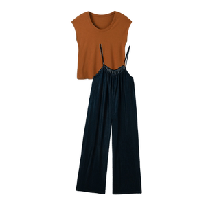 
Maternity suit summer 2026 new Korean round neck short-sleeved thin loose top blue overalls two-piece set