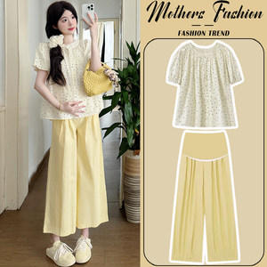 Maternity suit summer 2026 new Korean style sweet and cute short-sleeved polka-dot round neck top and pants two-piece set for women