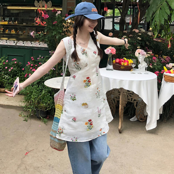 
Tetu STUDIO 2025SS ramie embroidery design waist-hugging A-line high-waist sleeveless dress