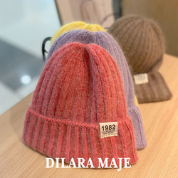 Dilara Majeins1982 Patch Rabbit Fur Woolen Hat For Women Autumn And Winter Warm Knitted Hat Ear Protection Cold Hat