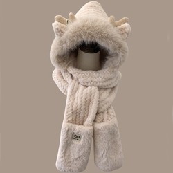 Hong Kong Purchasing Agent For Autumn And Winter Small Antlers, Furry And Warm Three-piece Set, Double-layer Thickened Scarf, Gloves, One-piece Hat For Women