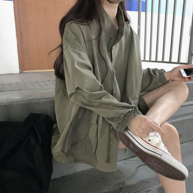 Retro Hong Kong style military green work jacket for women 2025 spring and autumn new bf lazy style thin loose jacket shirt