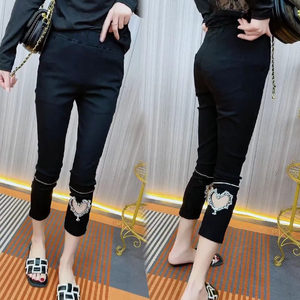 European goods heavy workers hot drilling small feet pants female summer spring and autumn eight -point straight leisure pants high waist elasticity thin pencil pants

