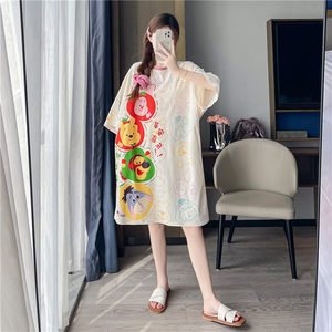 
Summer plus size pure cotton nightgown for women 200*0.5kg short-sleeved cartoon cute loose thin style pregnant women fat mm home clothes