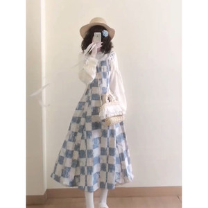 
2025 Girls College Style Small Versatile Mid-length Skirt Winter New Fake Two-piece Plaid High Waist Dress for Women