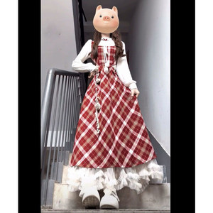 
Niche gentle style fake two-piece age-reducing plaid dress women's autumn and winter new style waist slimming A-line long skirt