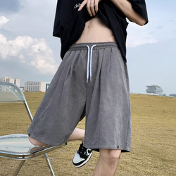 American Retro Suede Drawstring Shorts for Men, Hong Kong Style Trendy Brand, Summer Casual Sports Loose Straight-Leg Knee-Length Shorts