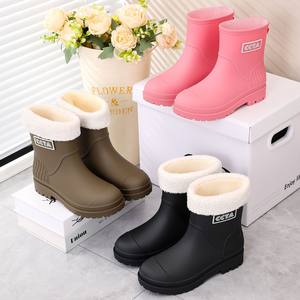
Fashionable short-tube rain boots for women thick-soled non-slip waterproof plus velvet warm rain boots work rubber shoes soft-soled rain boots work shoes