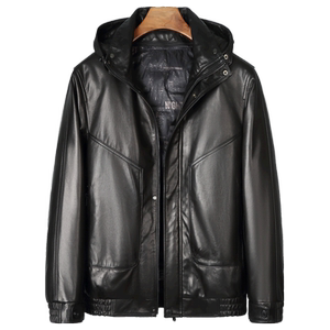Haining new fashionable goat leather jacket men's genuine leather down jacket can take off the hat and casual leather jacket winter
