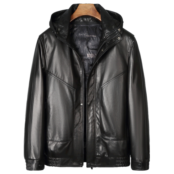 Haining new fashionable goat leather jacket men's genuine leather down jacket can take off the hat and casual leather jacket winter
