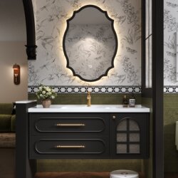 French-Style Vintage Bathroom Cabinet Set with Integrated Ceramic Basin, Black Solid Wood Washstand, Washbasin, and Sink