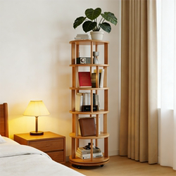 Zhuohe Solid Wood Rotating Bookshelf for Home Bedroom, Freestanding Floor-Standing Storage Rack, Natural Wood Style, Movable Multi-Layer Storage Cabinet