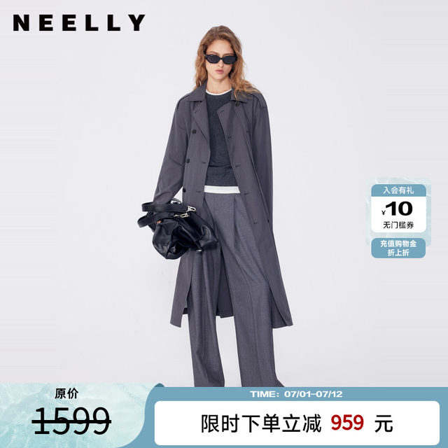 NEELLY 2 Shopping mall's same spring new double-breasted high-end gray windbreaker for women's versatile slim long jacket