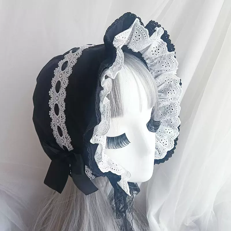 成人复古花边绑带帽子可爱公主包头帽Lolita睡帽bonnet拍照写真黑-Taobao
