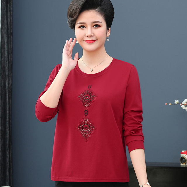 Fat mother's spring and autumn large size 200Jin [Jin equals 0.5kg] embroidered long-sleeved top middle-aged and elderly women's spring pure cotton T-shirt 40 years old 50