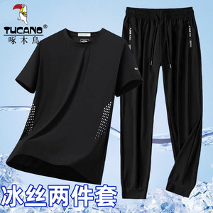 
Woodpecker thin ice silk quick-drying suit for men's summer round neck breathable short-sleeved T-shirt casual sports two-piece set