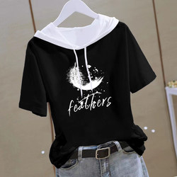 Black Pure Cotton Summer Short-Sleeve T-Shirt for Women, Korean Style, Loose Fit, Plus Size, Niche Design, ins Trendy Thin Hooded Sweatshirt