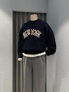 WEEERE letters Tistor Sweater Men's Retro Academy style loose round neckline knit sweater autumn and winter new models
