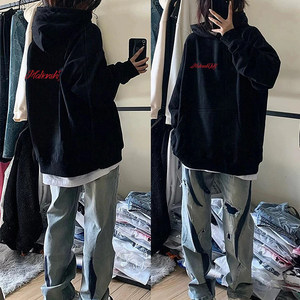 Autumn and winter hooded sweatshirt for women American fashion brand large size fat MM loose shoulder mid-length plush velvet thick jacket top