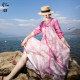 Spot retro pink dress for women summer print loose long skirt for centre sleeves