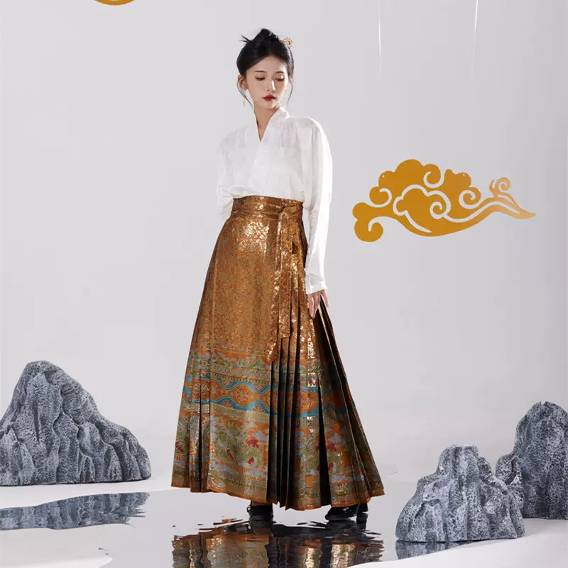 2024龙年新款马面裙演出走秀满地金套装胖mm女日常通勤织金半身裙-Taobao