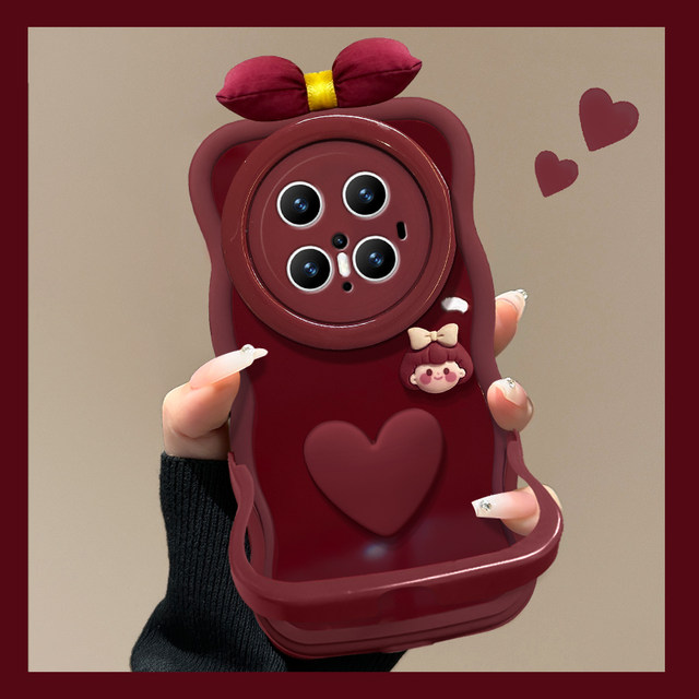 Suitable for Huawei Mate70pro mobile phone case new female model mate60pro+ bow love girl 50/40e burgundy New Year 30 invisible double bracket silicone wavy edge soft silicone case