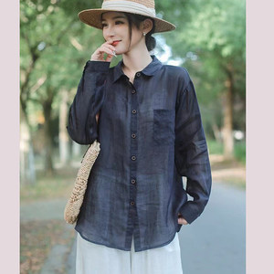 
100 count fine ramie light luxury age-reducing high-end fashion shirt women's summer loose lapel long-sleeved sun protection top thin