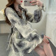 Fat MM spring new shrink waist shirt women's top fashionable and fashionable printed lapel mid-length flared sleeve shirt