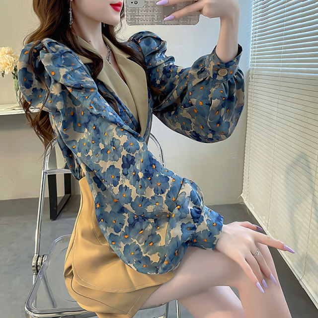French chic small shirt autumn clothes large size printed puff sleeve top women's niche light luxury temperament suit collar shirt fairy

