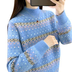 
Sweater women's 2025 new winter mink velvet thickened half turtleneck bottoming shirt women's striped knitted top