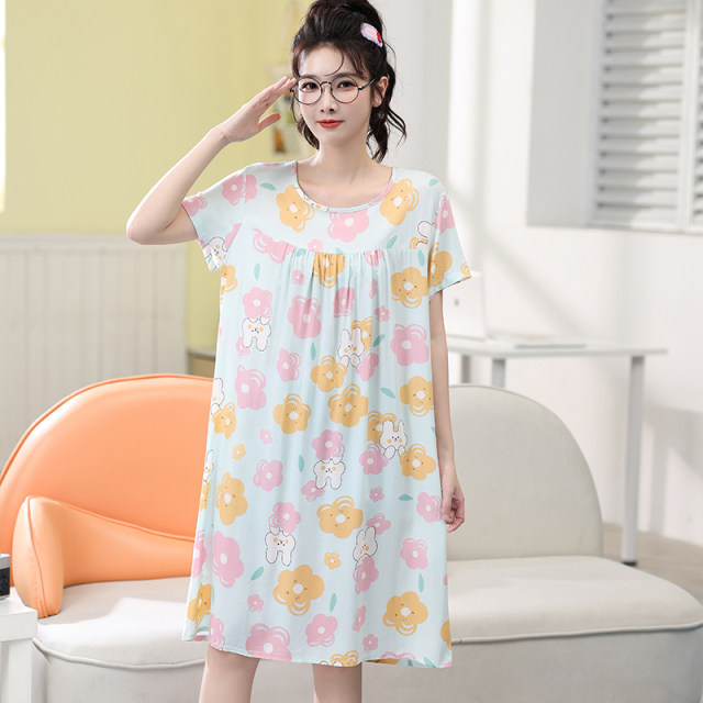 Youth cotton silk nightdress female summer sweet student short-sleeved ...