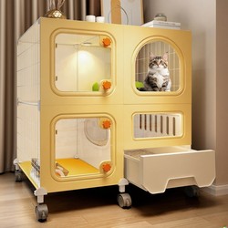 Cat Cage for Home Use, Indoor Cat House with Integrated Toilet, Cat Villa with One Bedroom and One Living Room, Suitable for Small Apartments and All Seasons