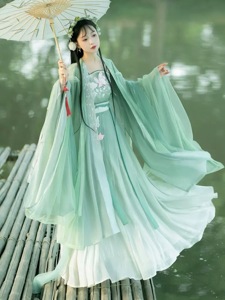 汉服女原创中国风日常春夏超仙气绿色双层大袖衫齐腰襦裙古装全套
