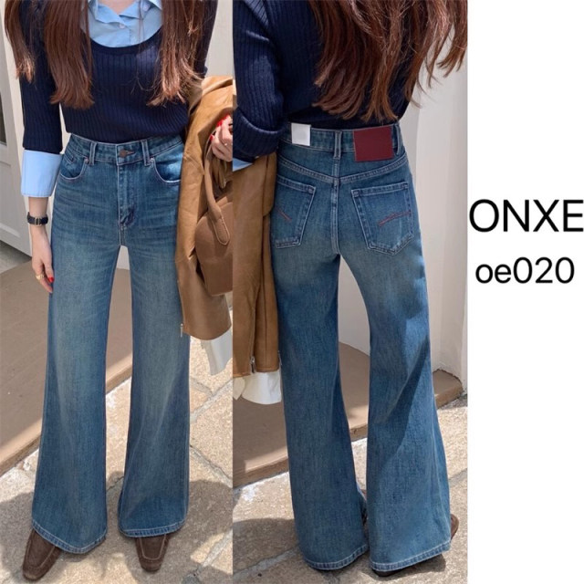 Four -sided bombs embroidered pocket high waist wide -leg flared pants female autumn loose and versatile thin mopped straight tube micro -jeans
