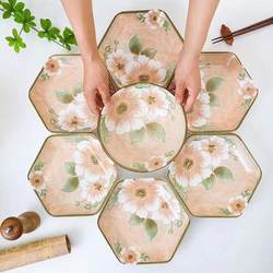 Camellia Ceramic Set Includes 6 Hexagonal Plates and 1 Soup Bowl, Household Plates with Underglaze Color Tableware