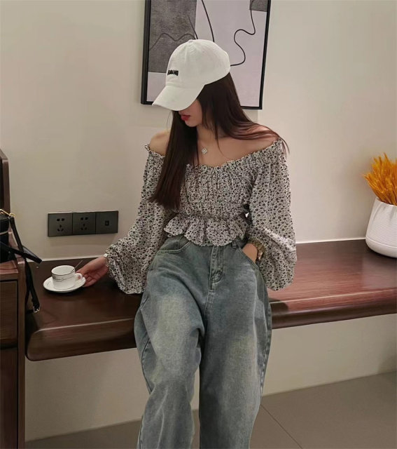 Special offer new women's French floral design niche long-sleeved chiffon shirt with lantern sleeves one-length neck off shoulder