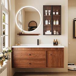 Medieval-Style Walnut-Colored Ceramic Integrated Basin Bathroom Cabinet Washbasin Combination Bathroom Round Mirror Washstand