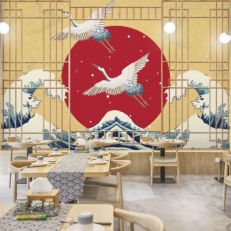 3d立體復古仙鶴日式古風壁紙榻榻米背景海浪浮世繪壁畫8d和風